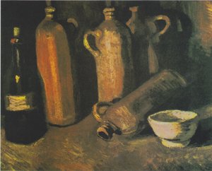 Stilleben med fire kanner, flaske og hvit bolle